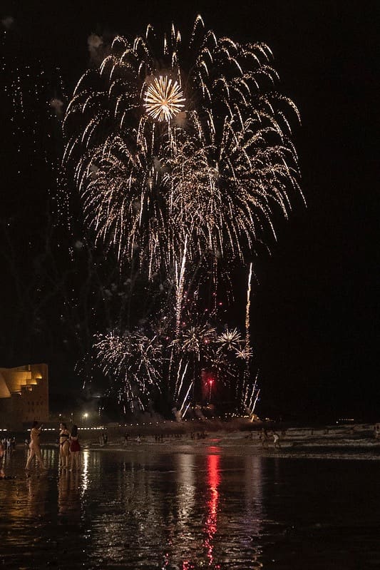 Fireworks over Auditorio Alfredo Kraus in Las Palmas de Gran Canaria during San Juan Night